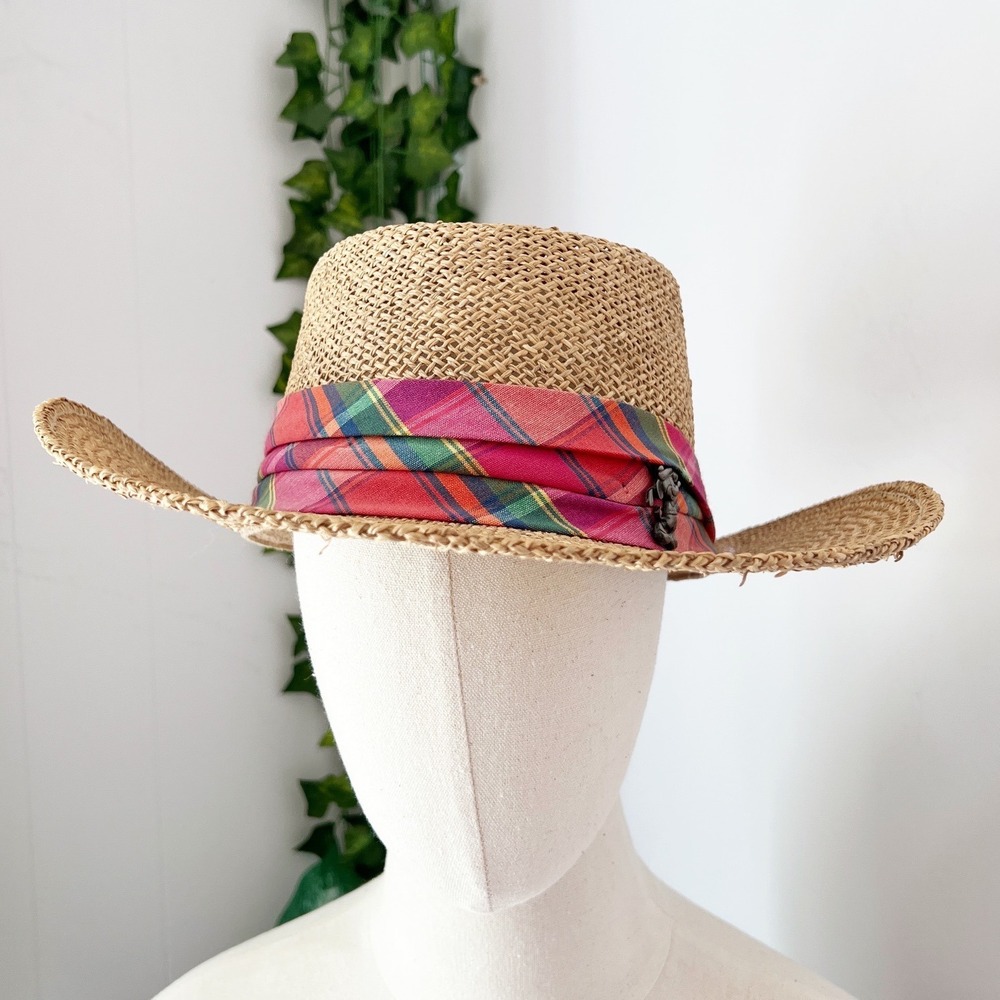Disney Pro‎ Mickey Straw Hat Golfing Plaid Band Vintage 90s USA Made